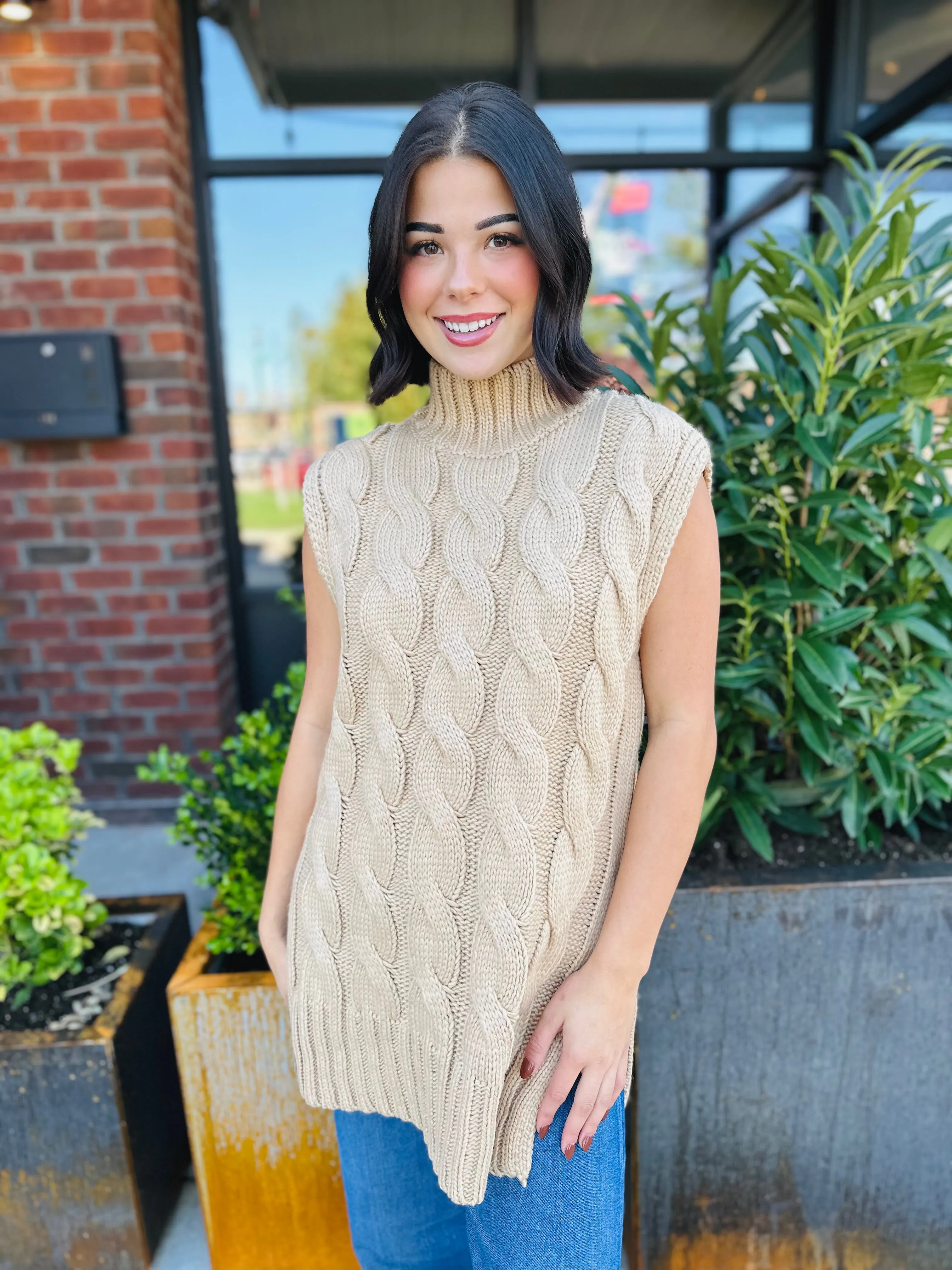 Amber Sleeveless Turtleneck Cable Pullover Sweater