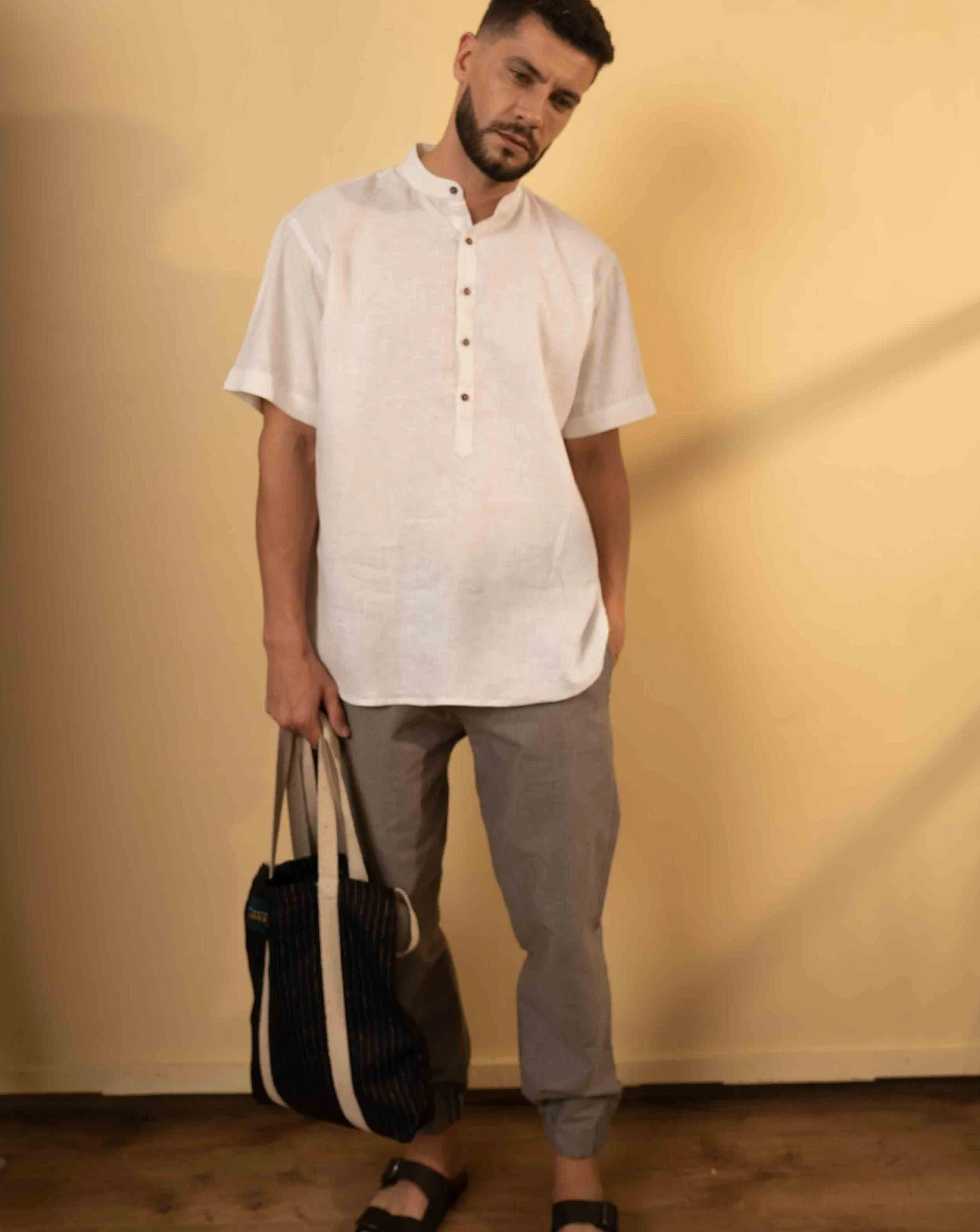 ARLO Men's Linen Jogger Pants – Half Elastic Waist, Zipper Pocket