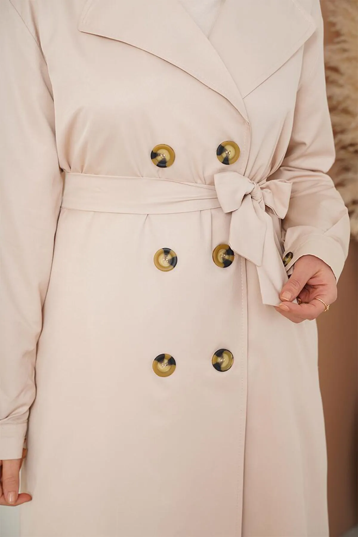 BGD Women T5853 Double-Breasted Collar Hijab Trench Coat - Beige - Avondale