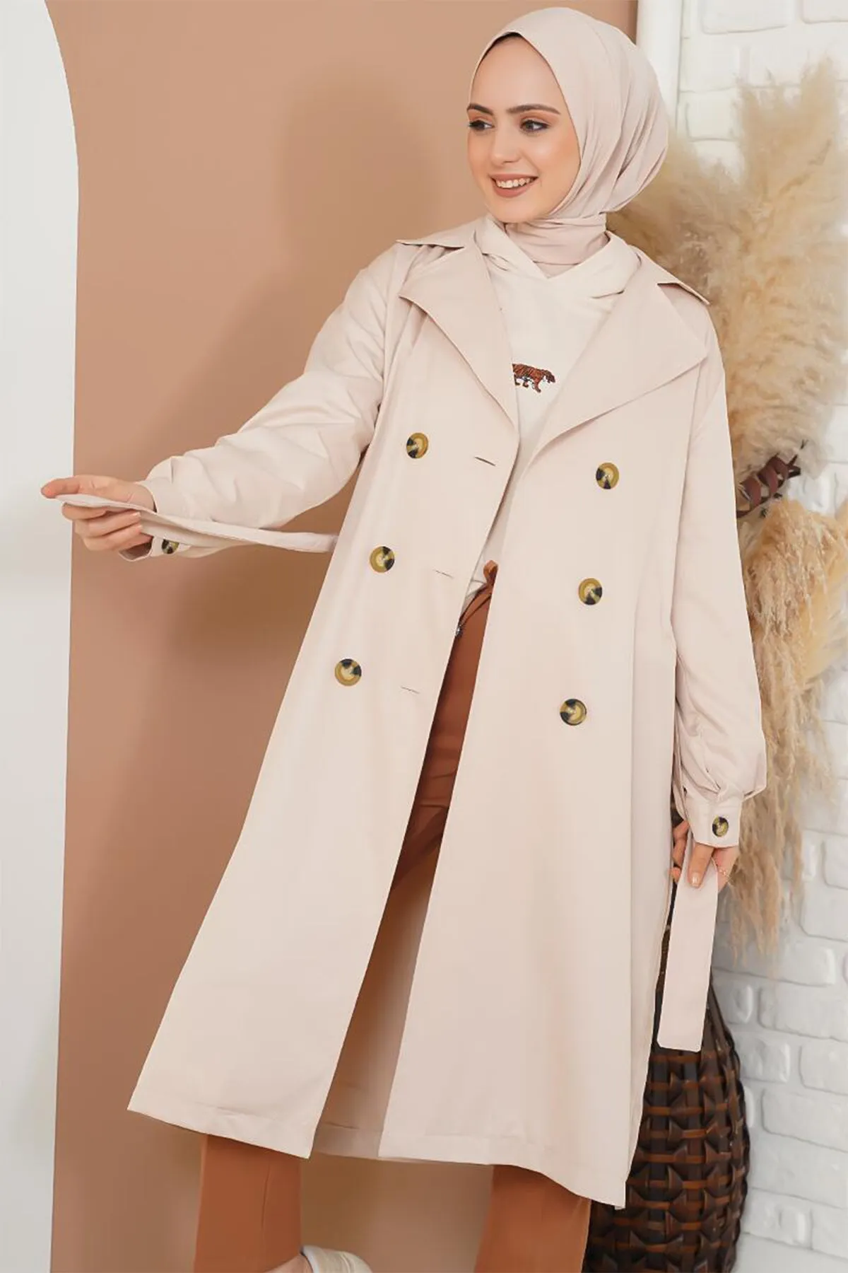 BGD Women T5853 Double-Breasted Collar Hijab Trench Coat - Beige - Avondale