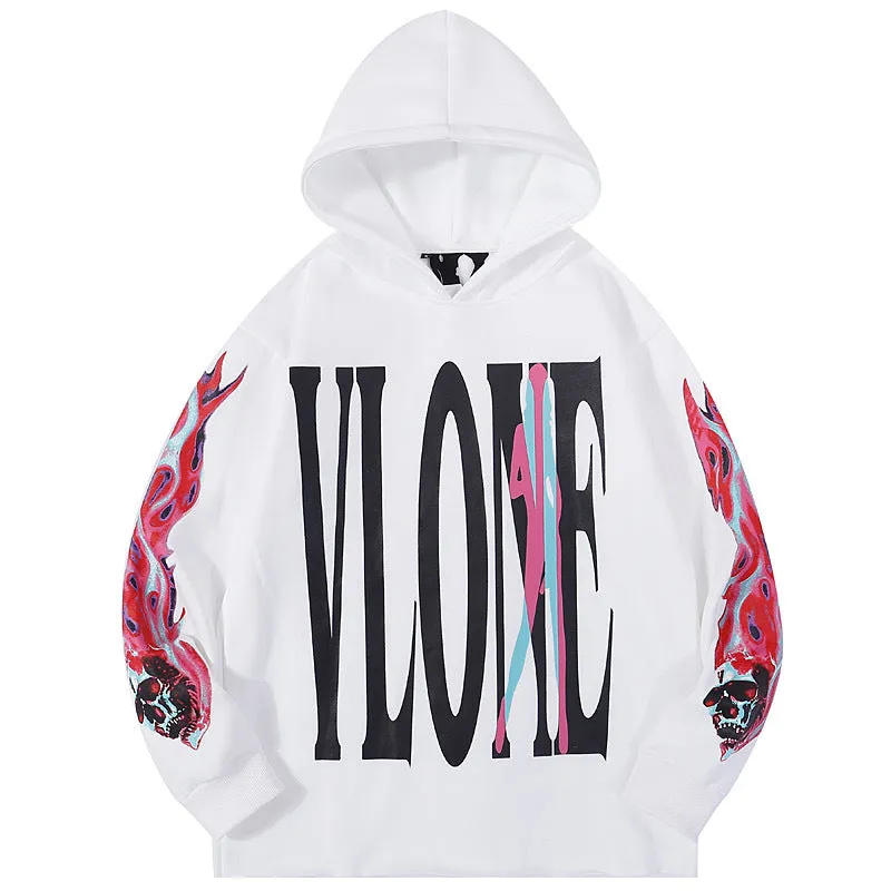 Bone Vlone Hoodie Flame Skull Velvet Padded Hooded Sweatshirt Men and Women Big V Hoodie Coat