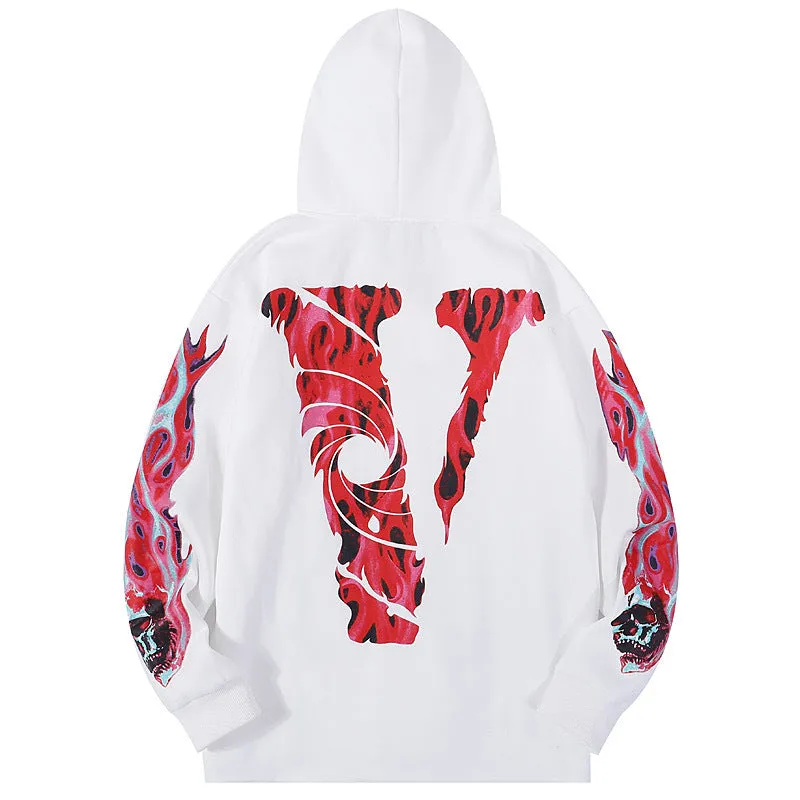 Bone Vlone Hoodie Flame Skull Velvet Padded Hooded Sweatshirt Men and Women Big V Hoodie Coat