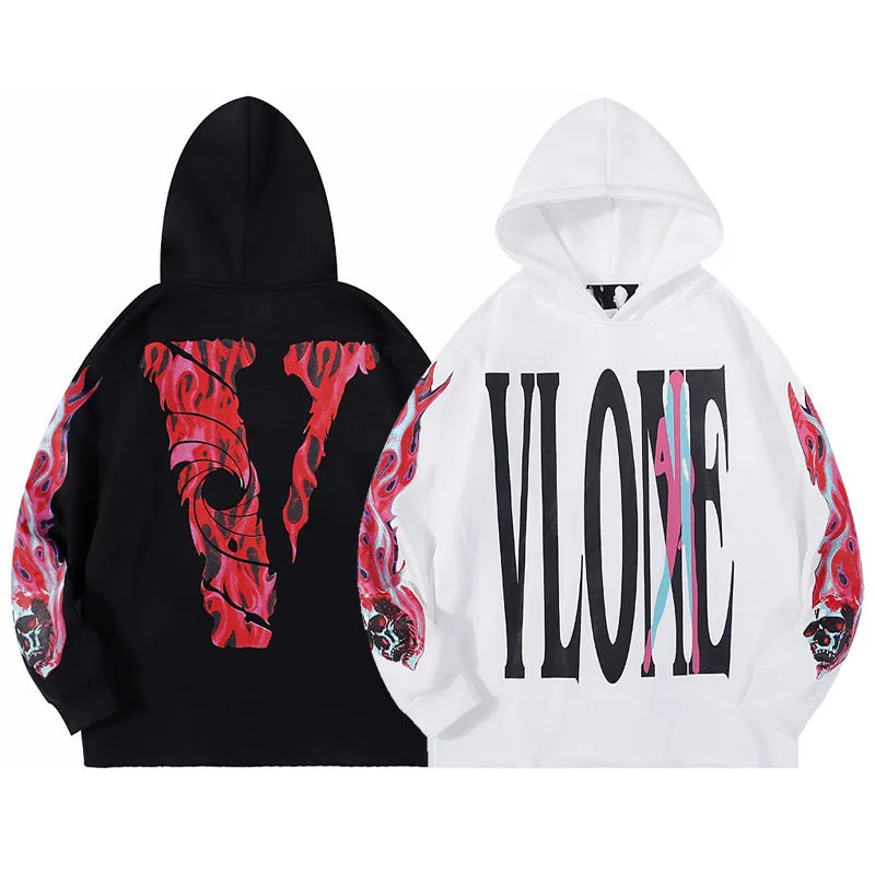 Bone Vlone Hoodie Flame Skull Velvet Padded Hooded Sweatshirt Men and Women Big V Hoodie Coat