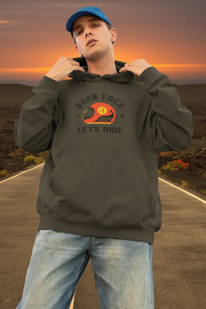 Born Free Lets Ride Olive Green Printed Hoodie for men
