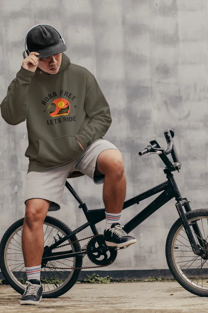 Born Free Lets Ride Olive Green Printed Hoodie for men