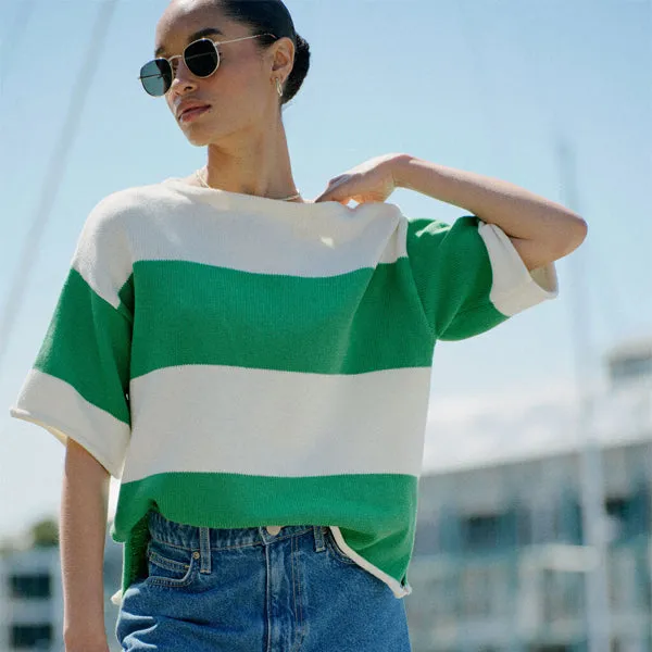 Boxy Knit Tee - Grass   Eggshell Bold Stripe