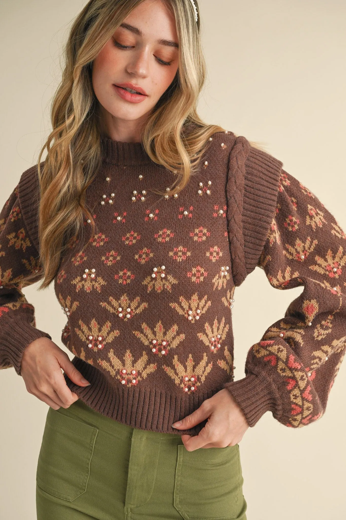 Brown Pearl Embellished Puff Sleeve Sweater