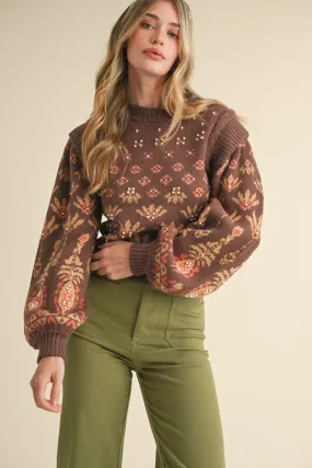 Brown Pearl Embellished Puff Sleeve Sweater