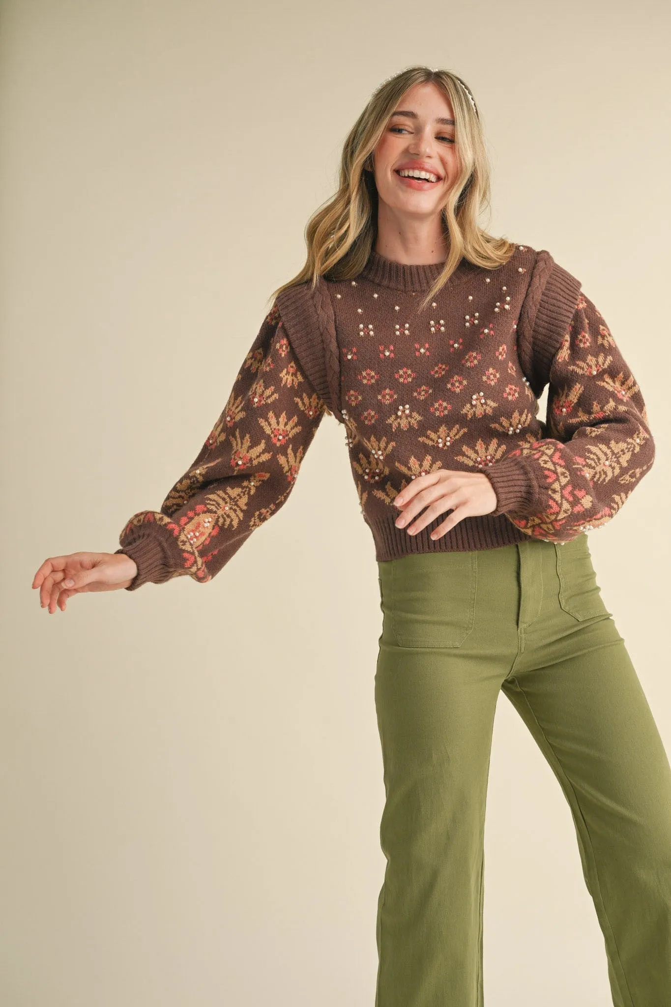 Brown Pearl Embellished Puff Sleeve Sweater