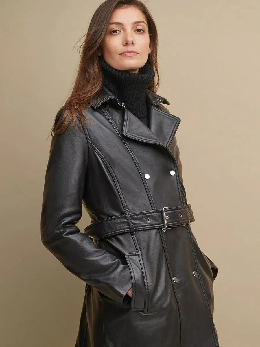 Classic Black Leather Belted Trench Coat | QAWACH