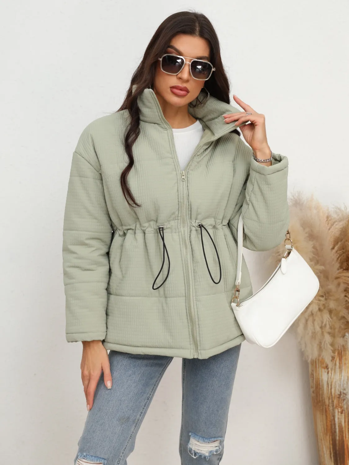 Drawstring Waist Zip-Up Jacket