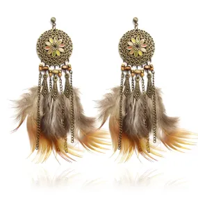 Feathers Long Section Tassel Earrings Discs Colorful Flowers Lucky Charm Vintage Drop Earring