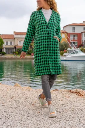 GNS Woman Green Lined Houndstooth Patterned Pocketed Oversized Buttoned Coat Bst3299 - North Little Rock