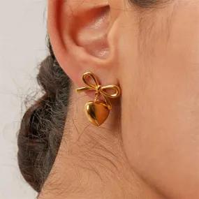 Gold Color Plated Stainless Steel Bow Heart Pendant Romantic Fashion Gift 2024 New Vintage Earring