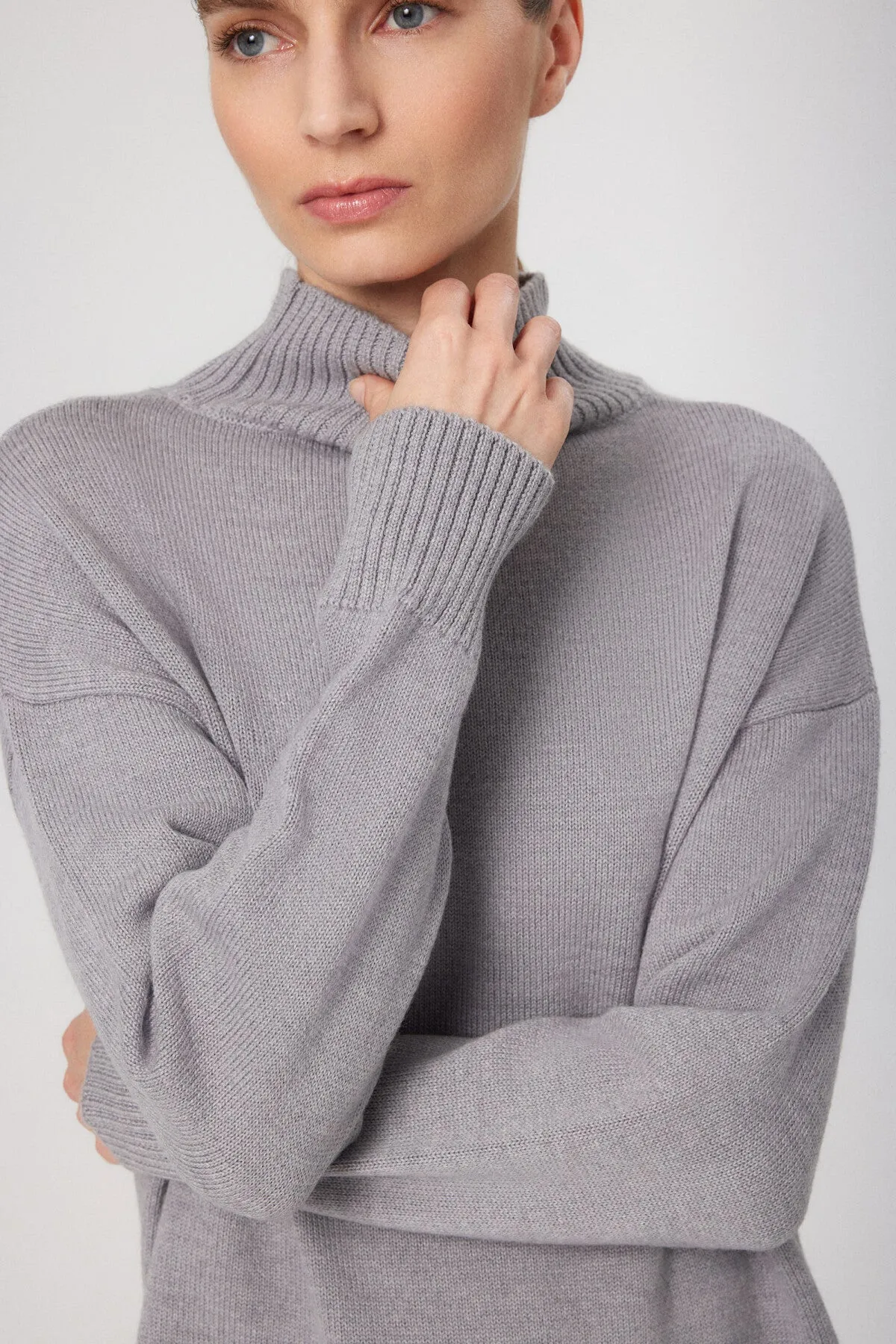 Gray 100% Wool Turtleneck Midi Length Dress