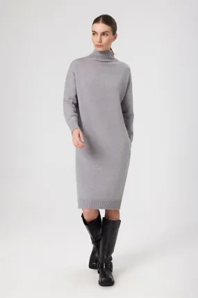 Gray 100% Wool Turtleneck Midi Length Dress