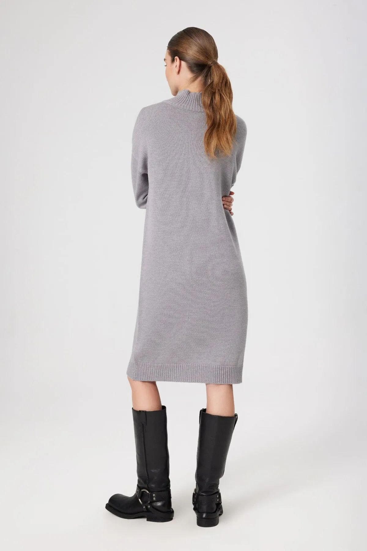 Gray 100% Wool Turtleneck Midi Length Dress
