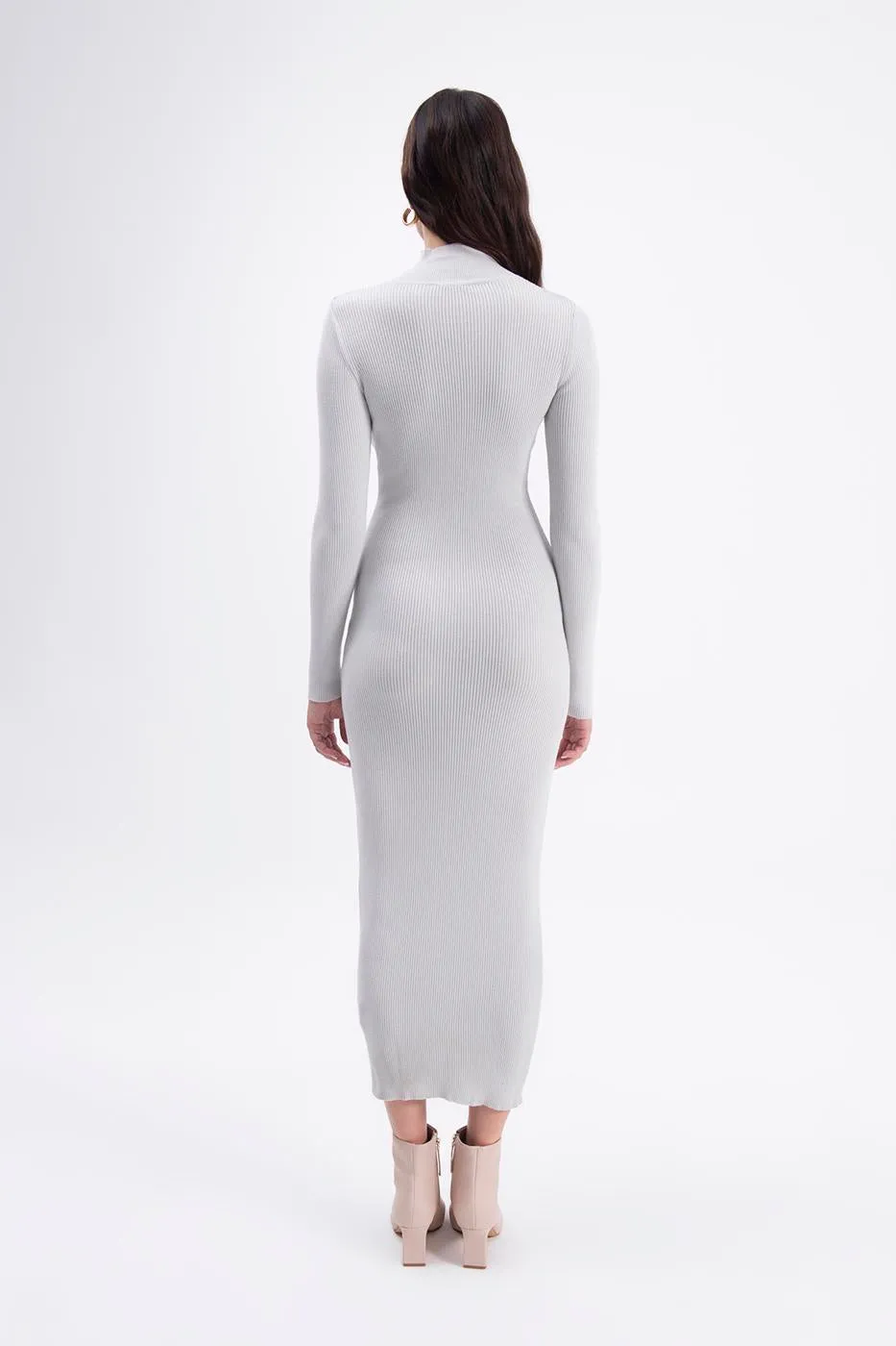 Gray Stand Collar Knitted Pencil Dress