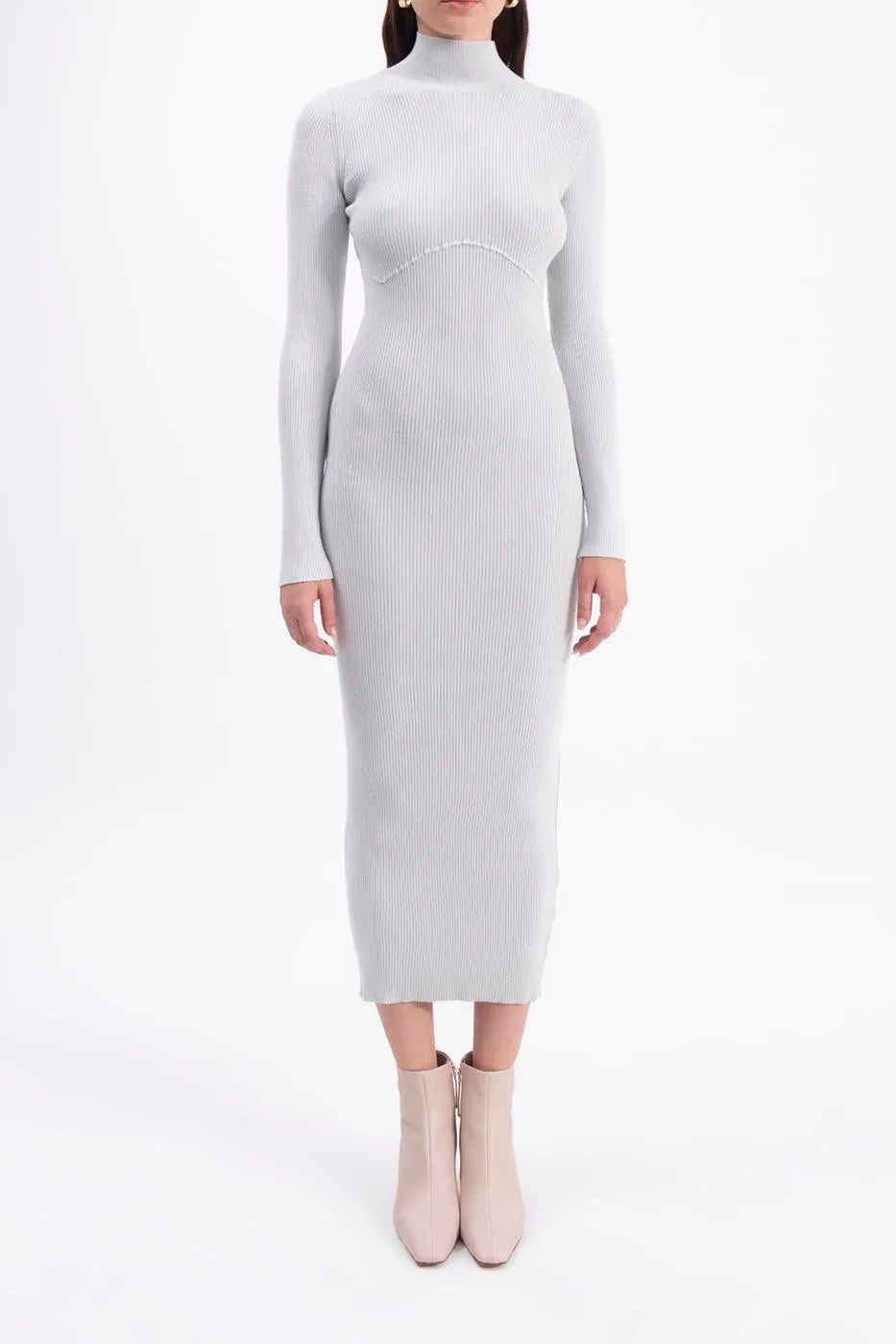 Gray Stand Collar Knitted Pencil Dress