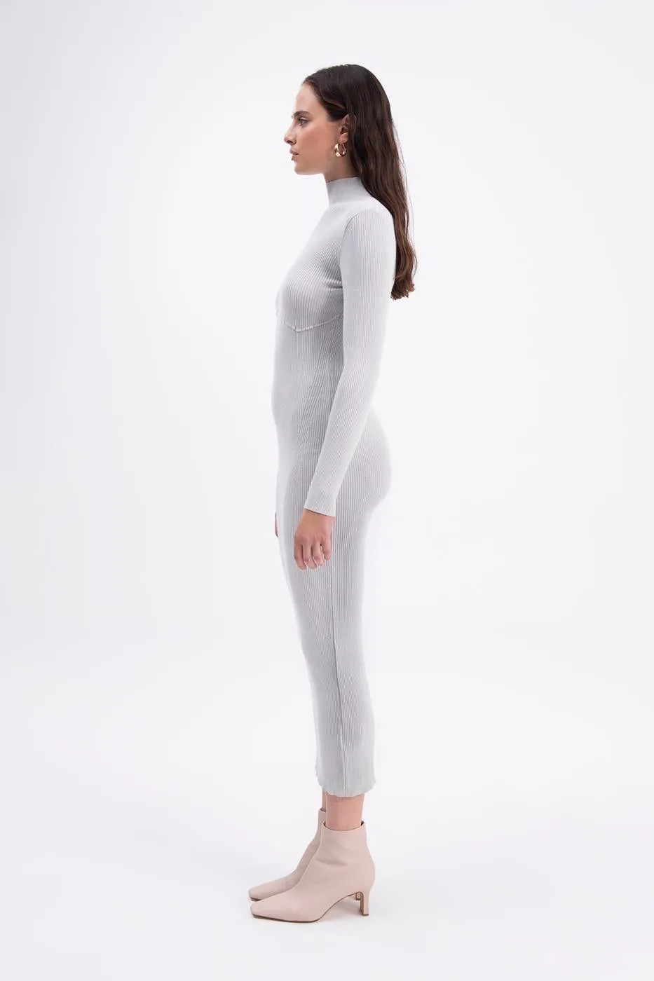 Gray Stand Collar Knitted Pencil Dress