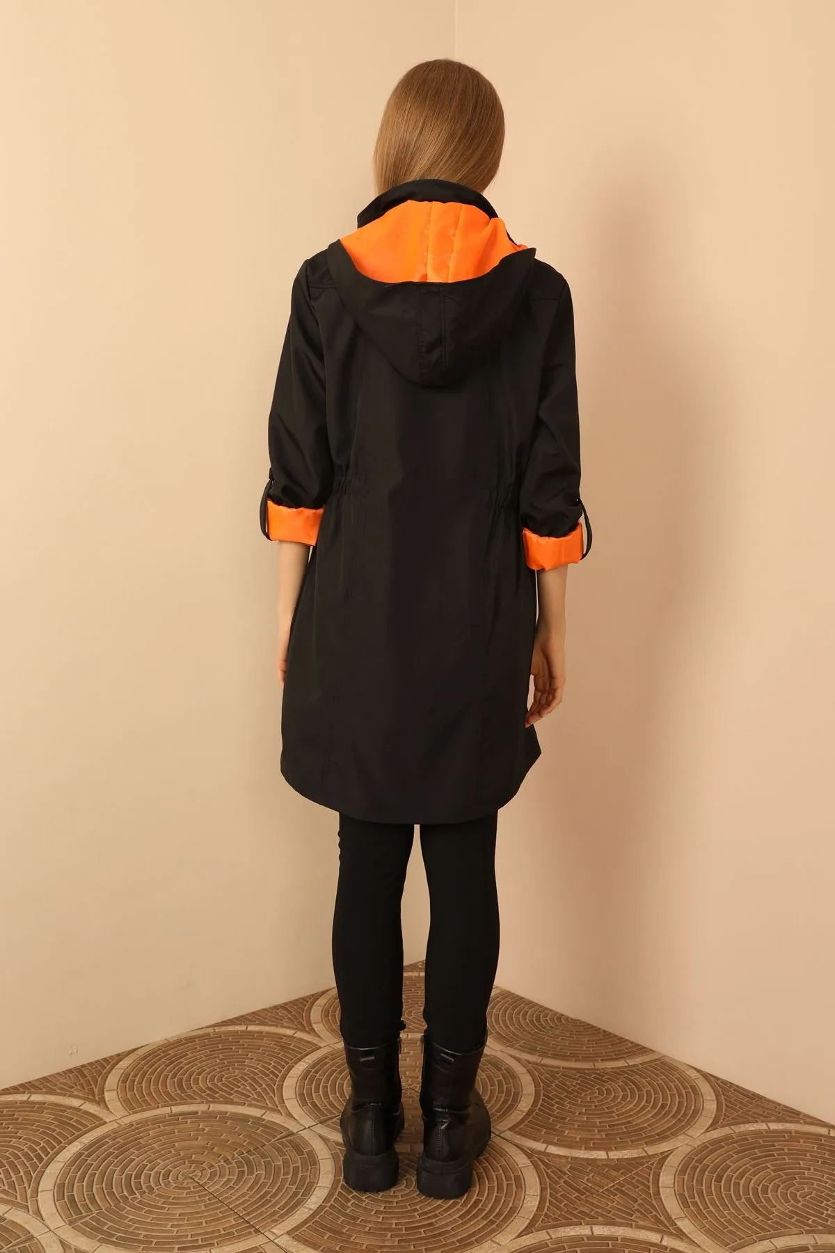 KKT Bondig Fabric Hooded Long Women's Raincoat-Black/Orange - Mountain View