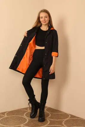 KKT Bondig Fabric Hooded Long Women's Raincoat-Black/Orange - Mountain View