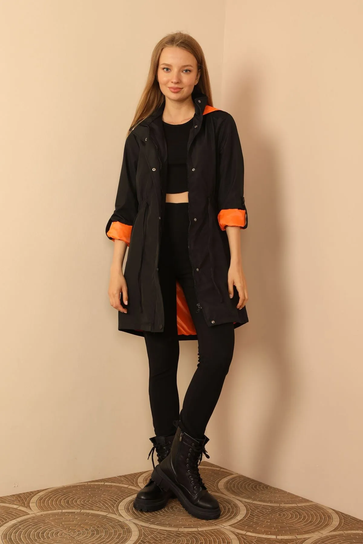 KKT Bondig Fabric Hooded Long Women's Raincoat-Black/Orange - Mountain View