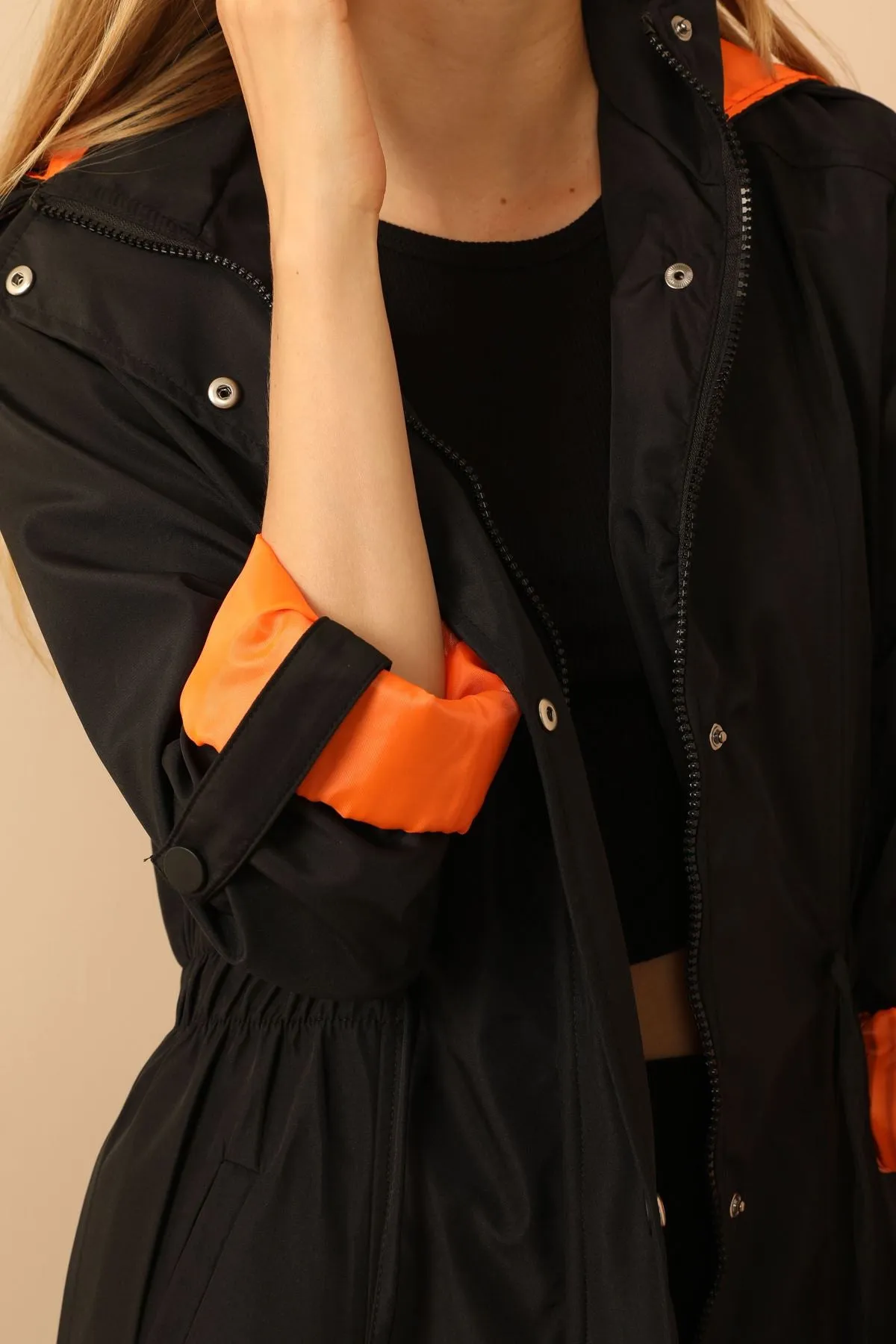 KKT Bondig Fabric Hooded Long Women's Raincoat-Black/Orange - Mountain View