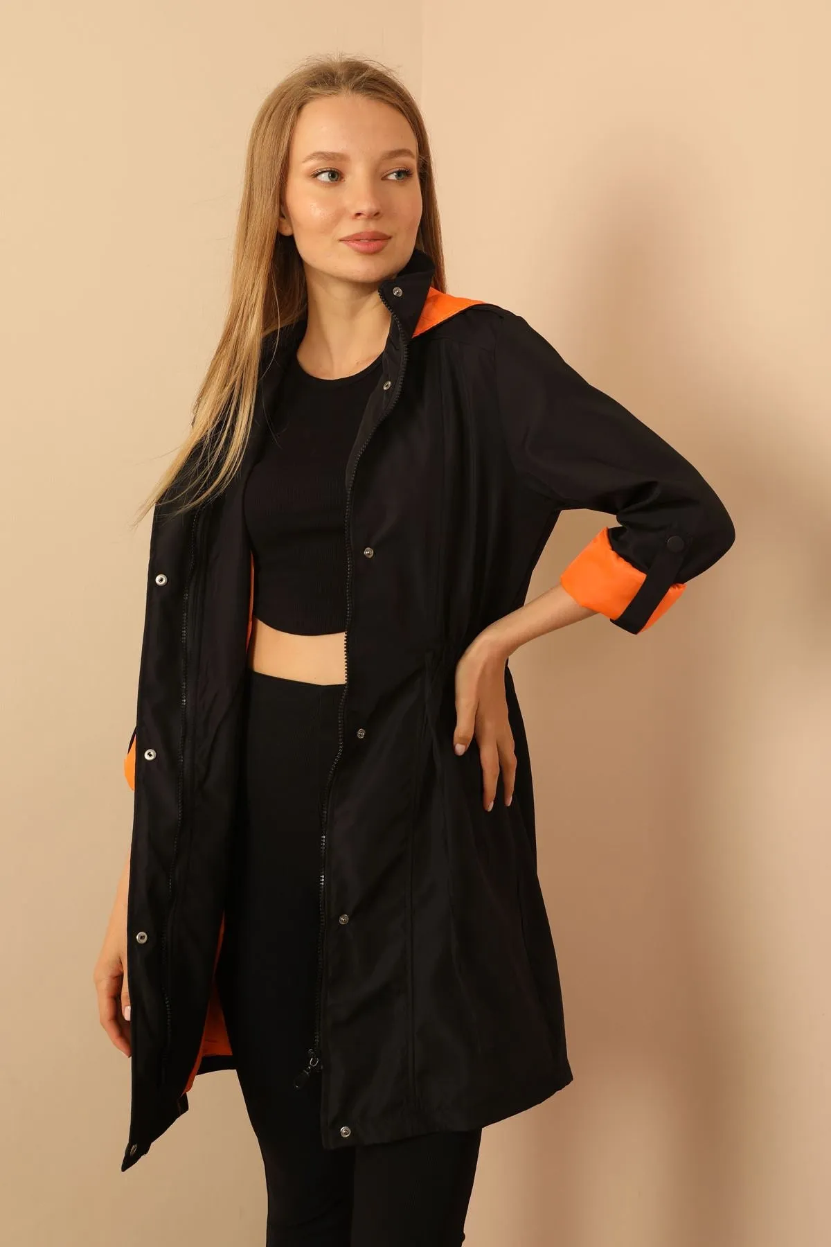 KKT Bondig Fabric Hooded Long Women's Raincoat-Black/Orange - Mountain View
