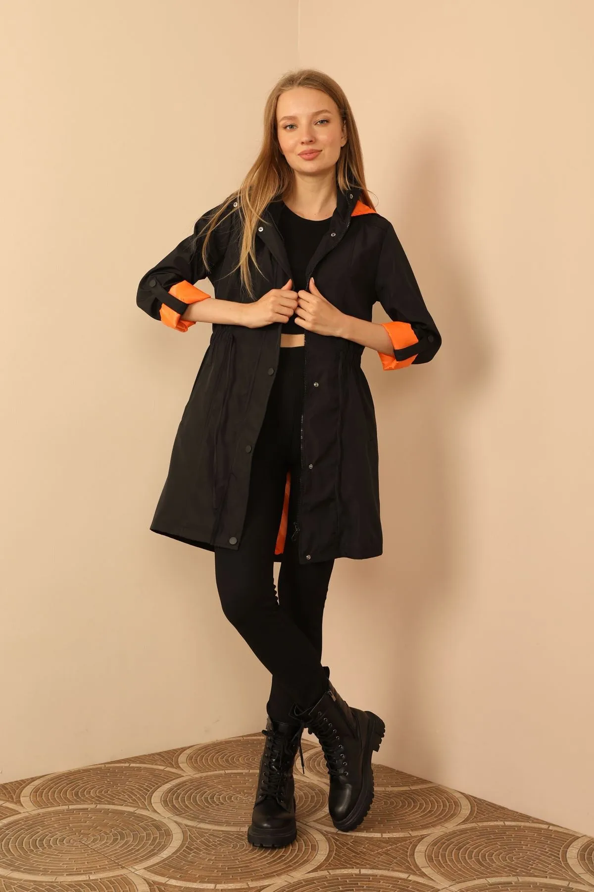 KKT Bondig Fabric Hooded Long Women's Raincoat-Black/Orange - Mountain View