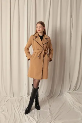 KKT Torino Fabric Cardigan Stitched Women's Camel Trench Coat - East Orange