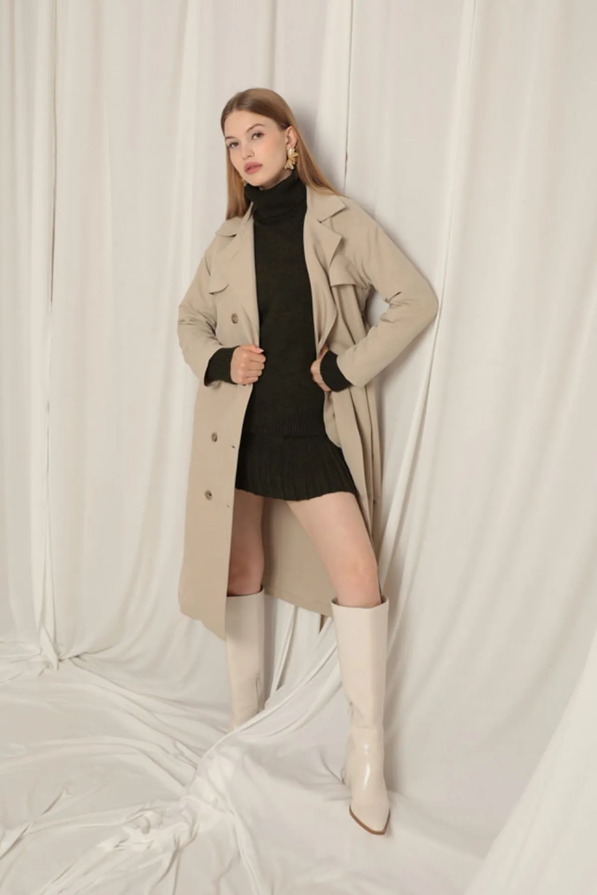 KKT Torino Fabric Liquid Proof Maxi Length Women's Stone TrenchCoat - East Lansing
