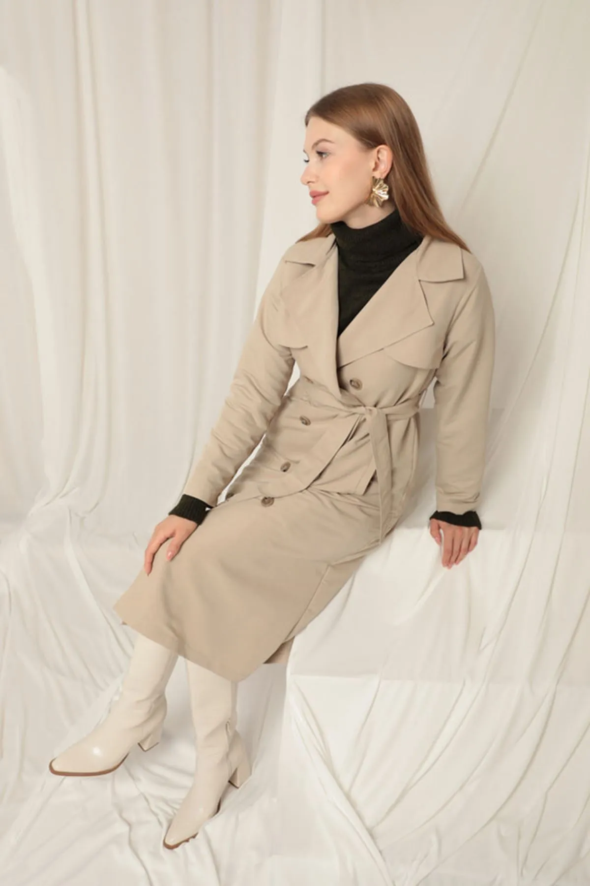 KKT Torino Fabric Liquid Proof Maxi Length Women's Stone TrenchCoat - East Lansing