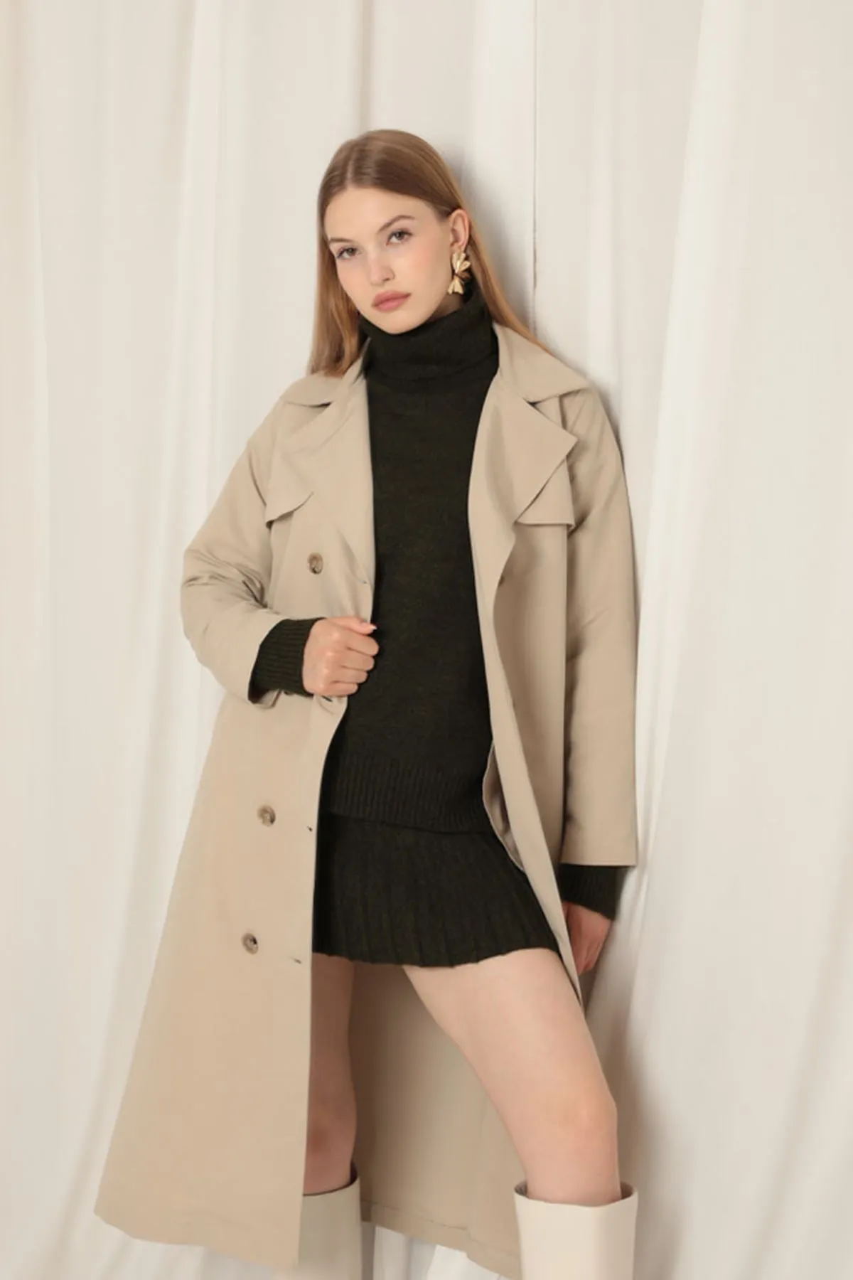 KKT Torino Fabric Liquid Proof Maxi Length Women's Stone TrenchCoat - East Lansing