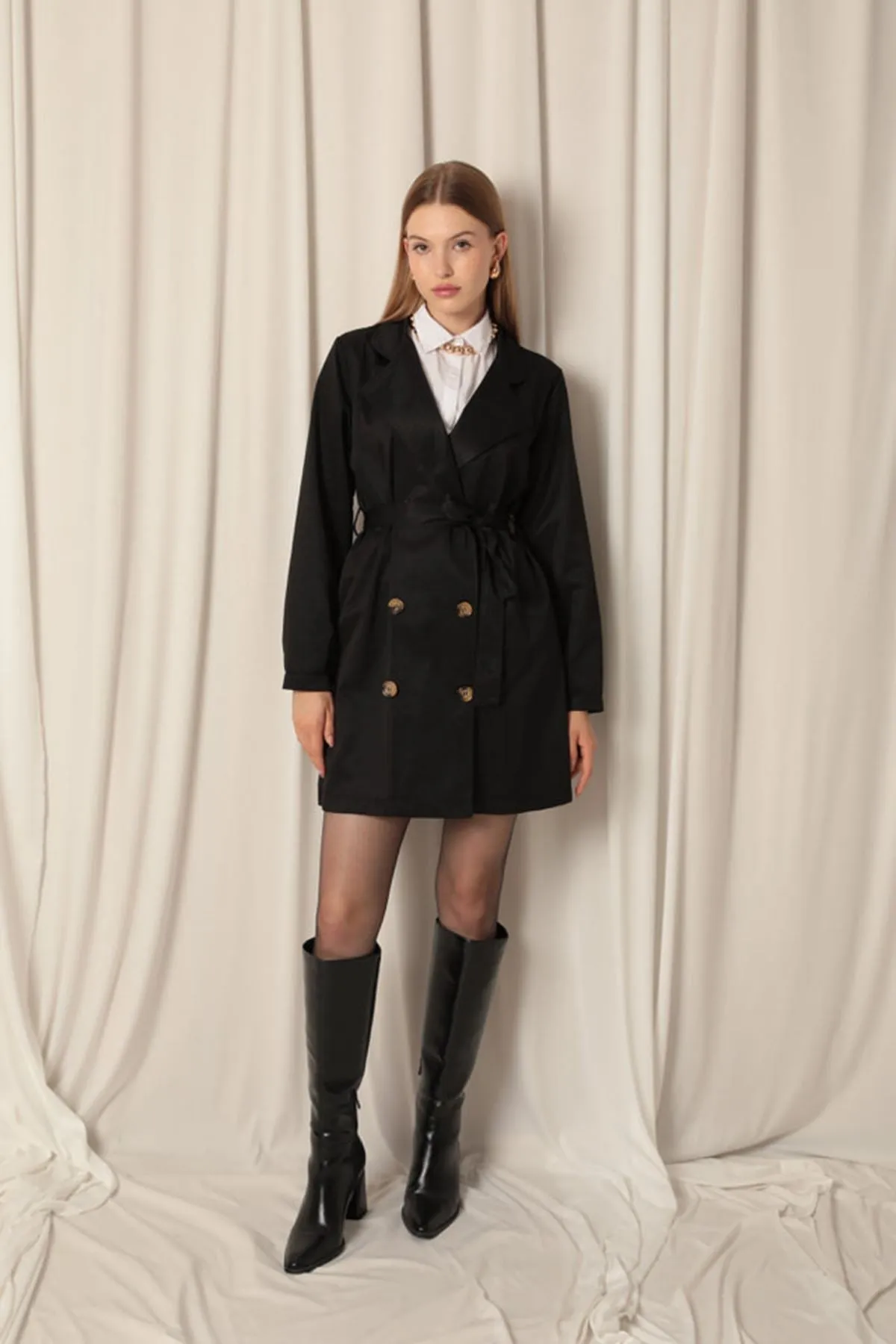 KKT Torino Fabric Liquid Proof Under Hip Length Women's Black Trench Coat - Acilia