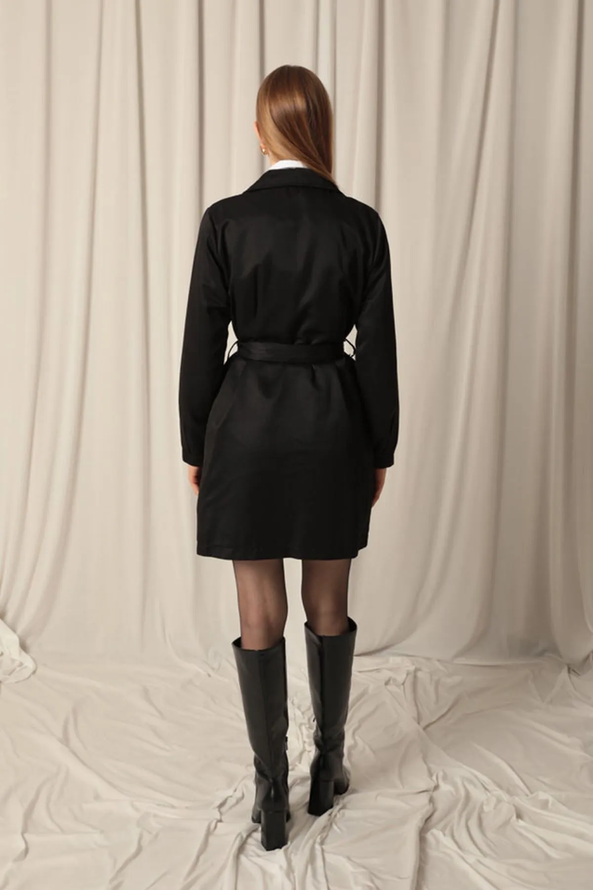 KKT Torino Fabric Liquid Proof Under Hip Length Women's Black Trench Coat - Acilia