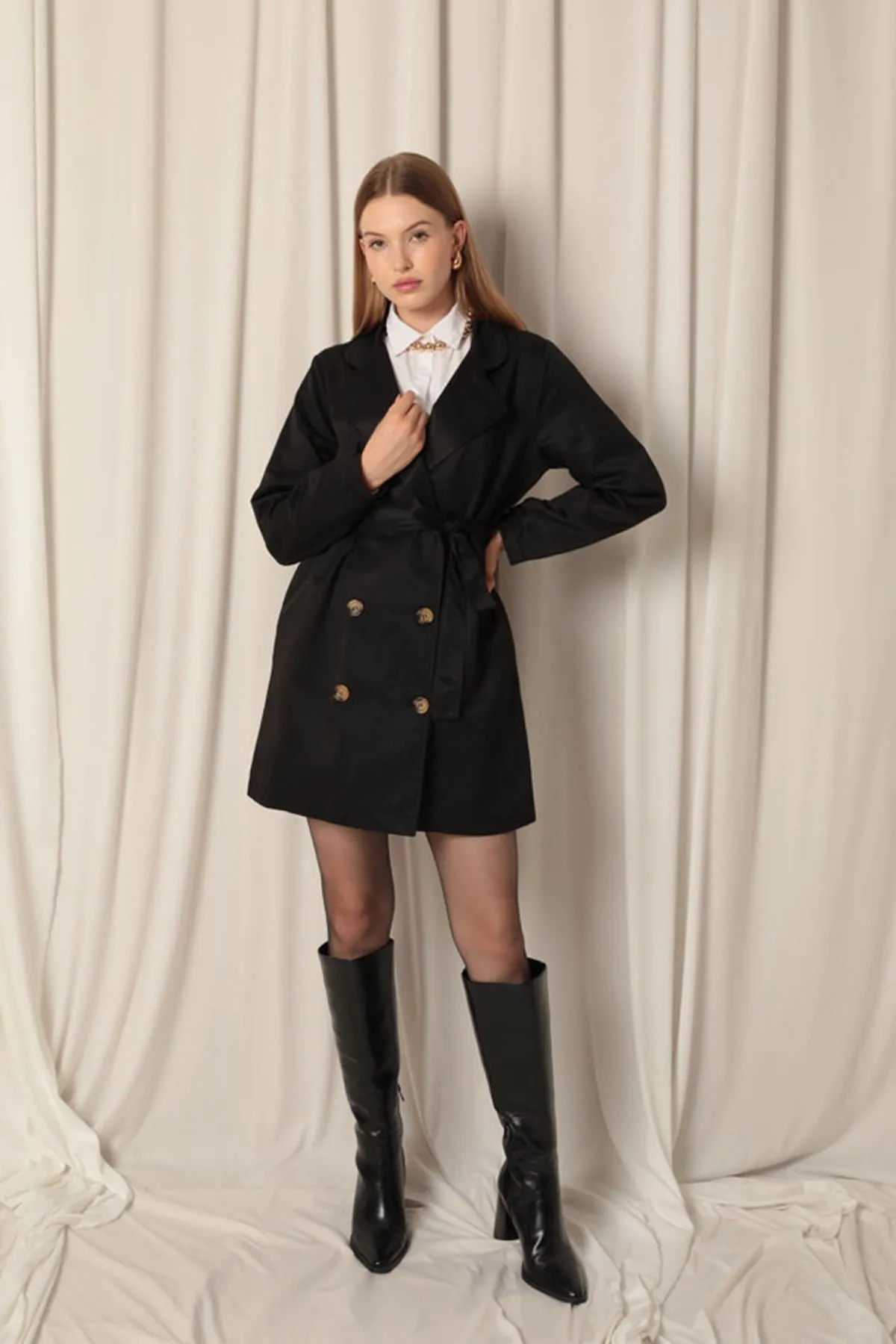KKT Torino Fabric Liquid Proof Under Hip Length Women's Black Trench Coat - Acilia