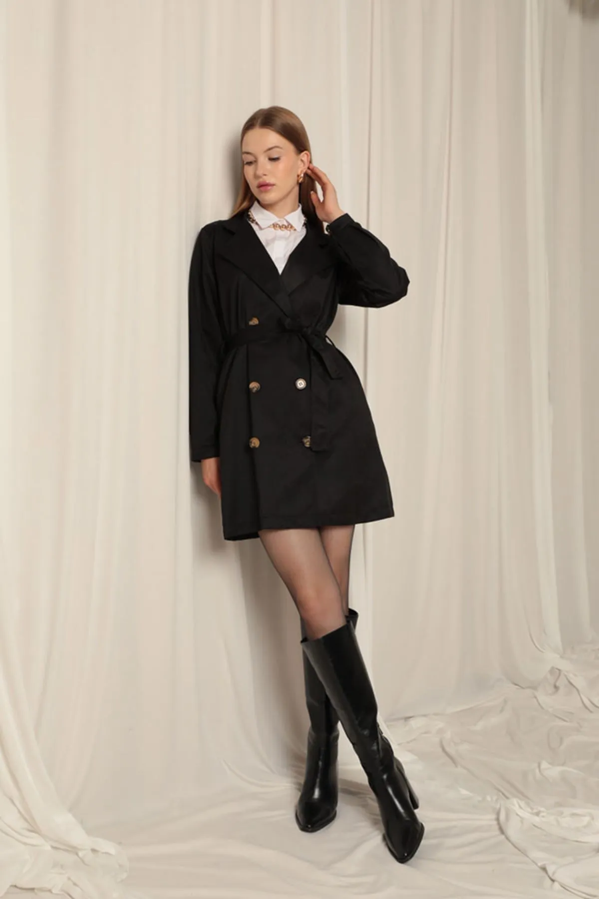 KKT Torino Fabric Liquid Proof Under Hip Length Women's Black Trench Coat - Acilia