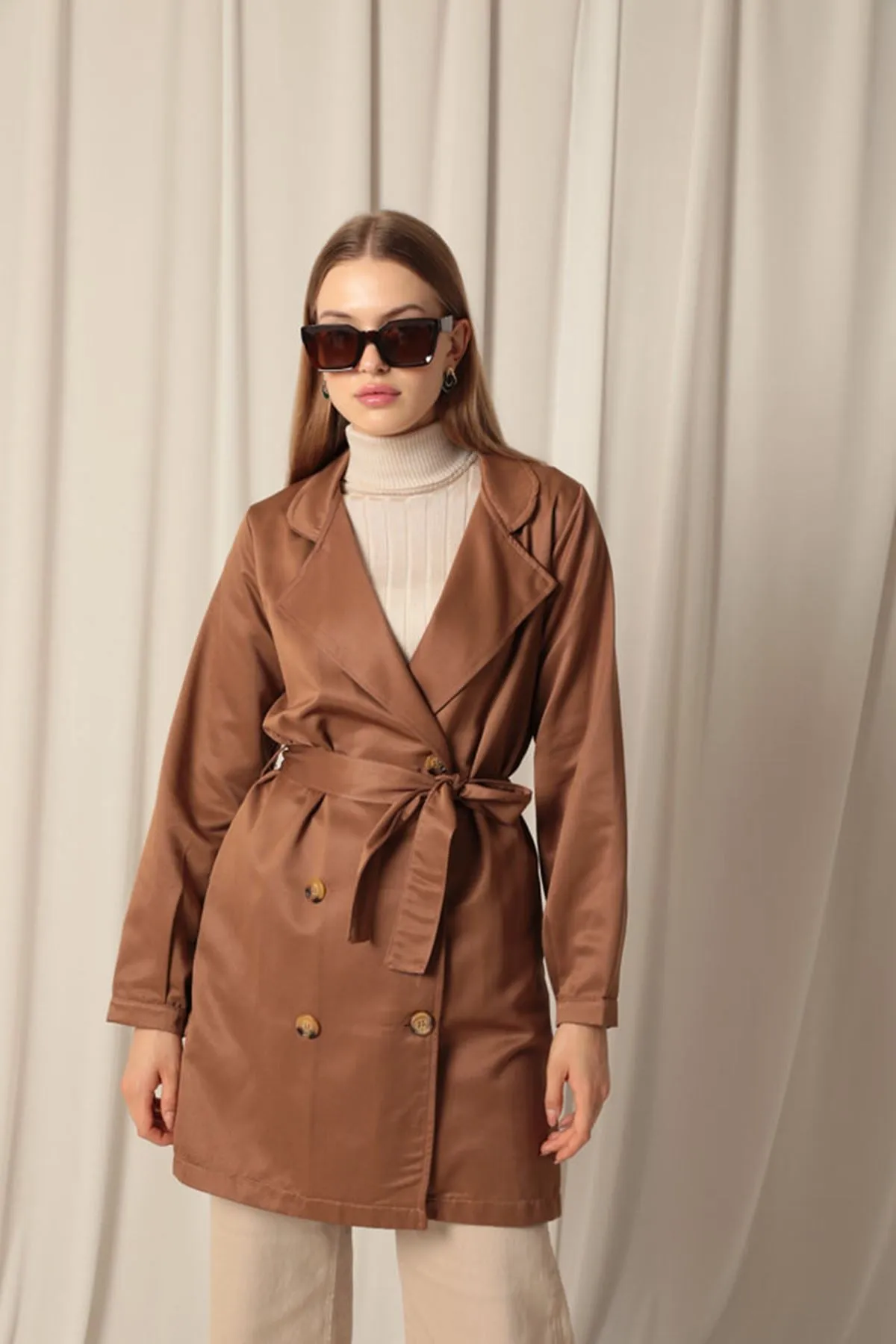 KKT Torino Fabric Liquid Proof Under Hip Length Women's Camel Trench Coat - San Gabriel