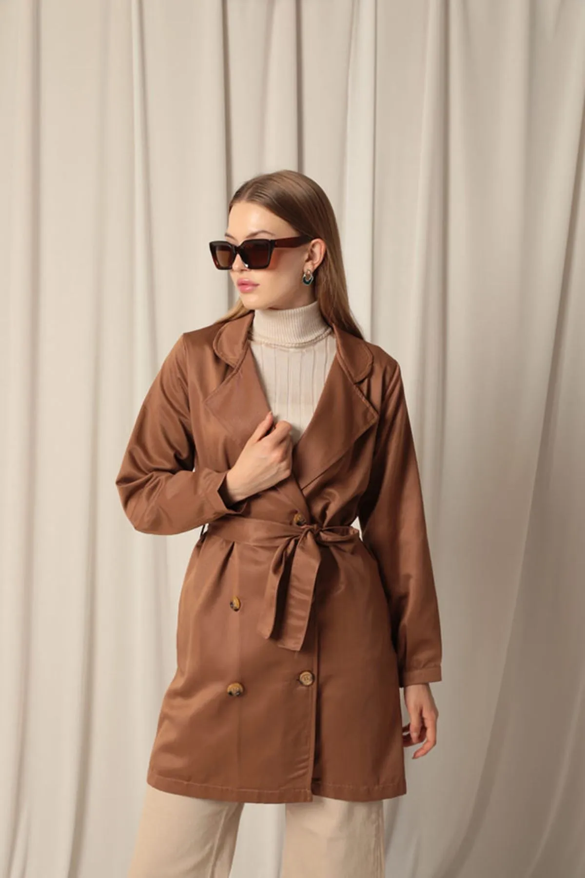 KKT Torino Fabric Liquid Proof Under Hip Length Women's Camel Trench Coat - San Gabriel