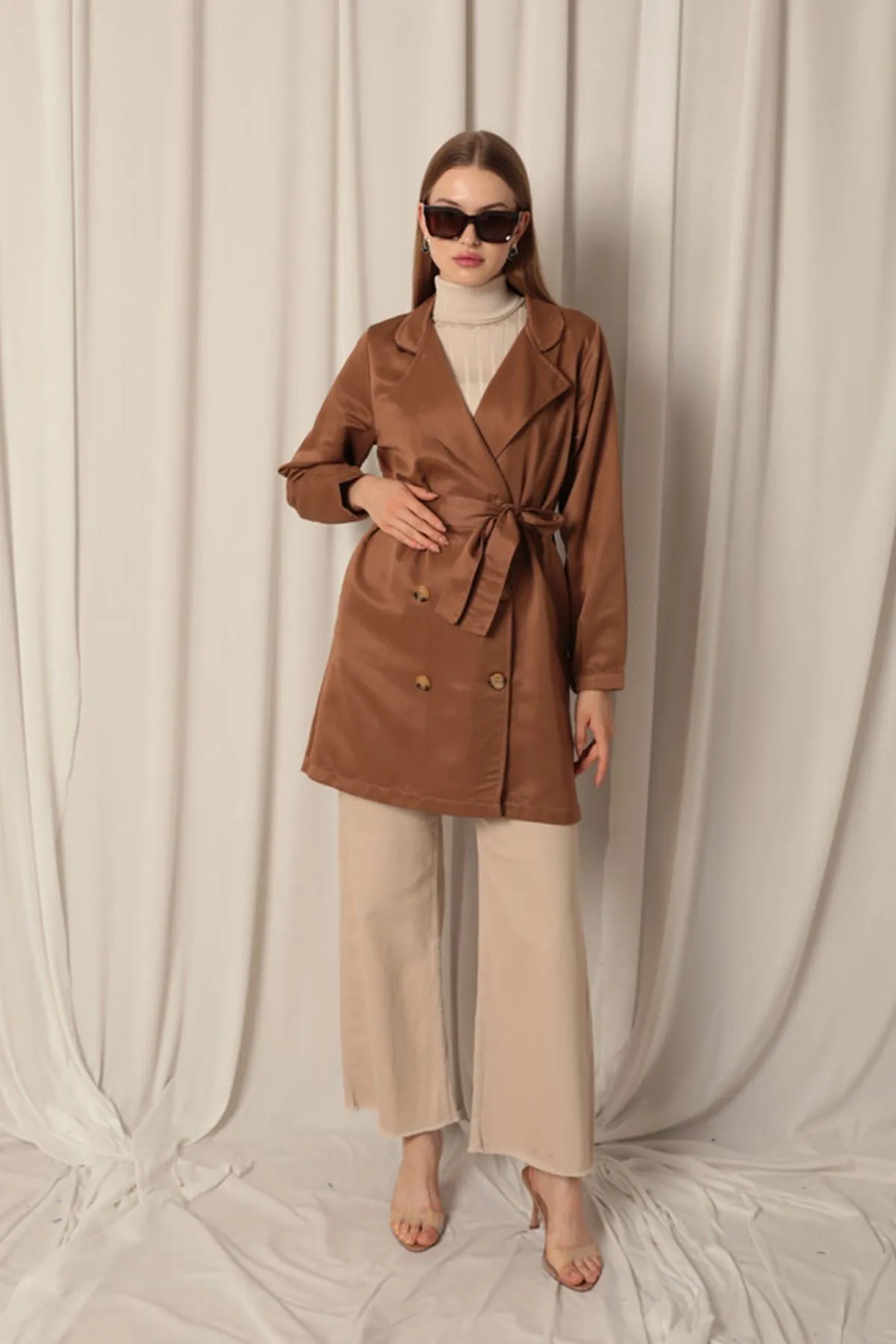 KKT Torino Fabric Liquid Proof Under Hip Length Women's Camel Trench Coat - San Gabriel