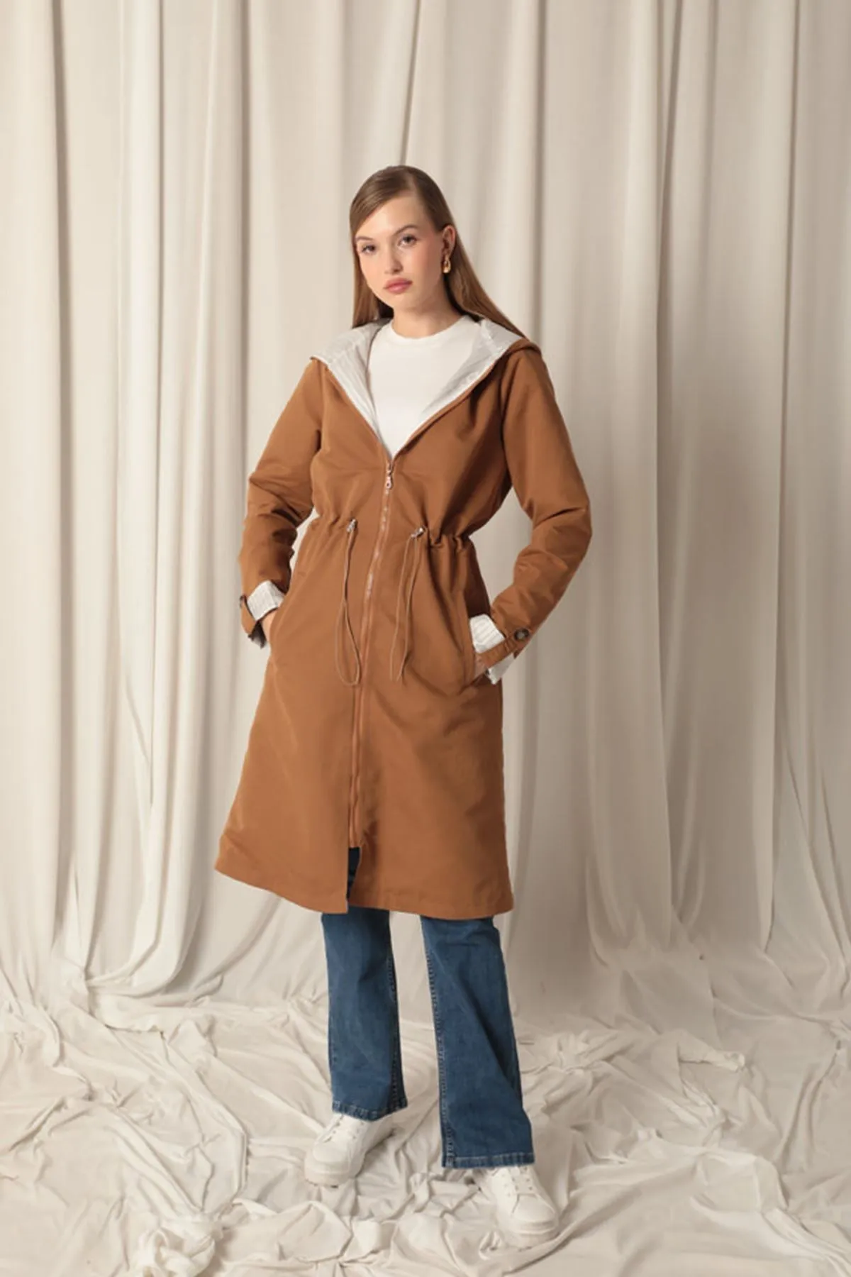 KKT Torino Fabric Striped Hooded Women's Camel Raincoat - Waalwijk