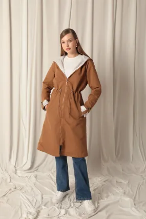 KKT Torino Fabric Striped Hooded Women's Camel Raincoat - Waalwijk