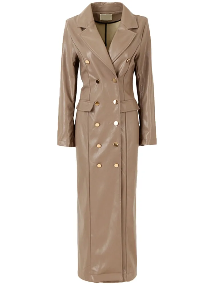 Long Faux Leather Trench Coat