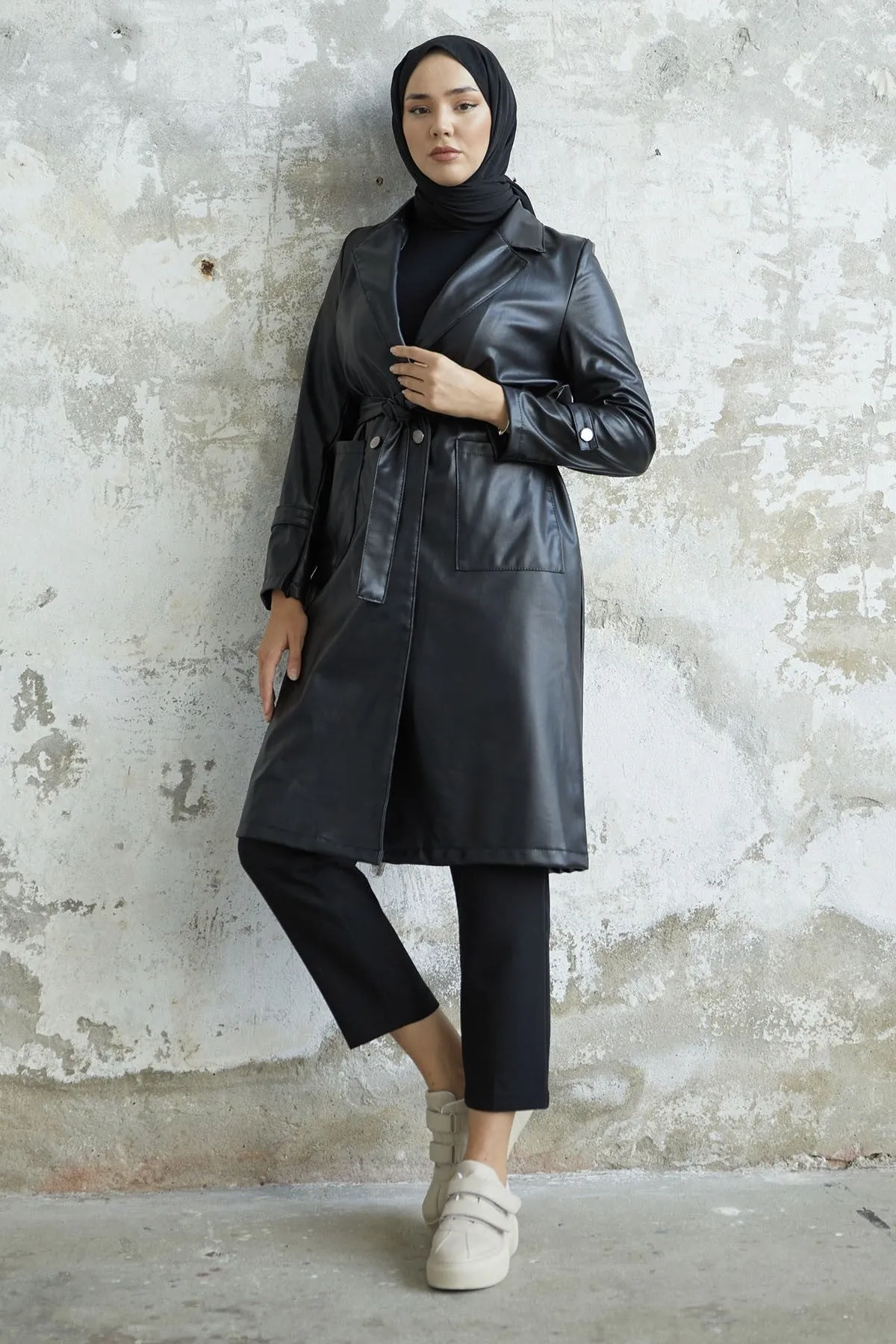 MDS Women Now V-neck Leather Trench Coat - Black - Mansfield