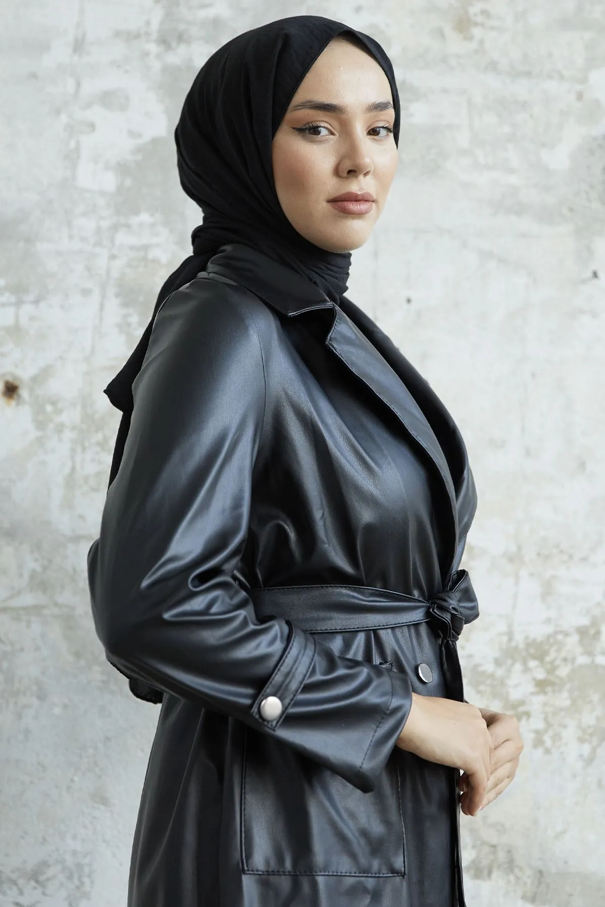 MDS Women Now V-neck Leather Trench Coat - Black - Mansfield
