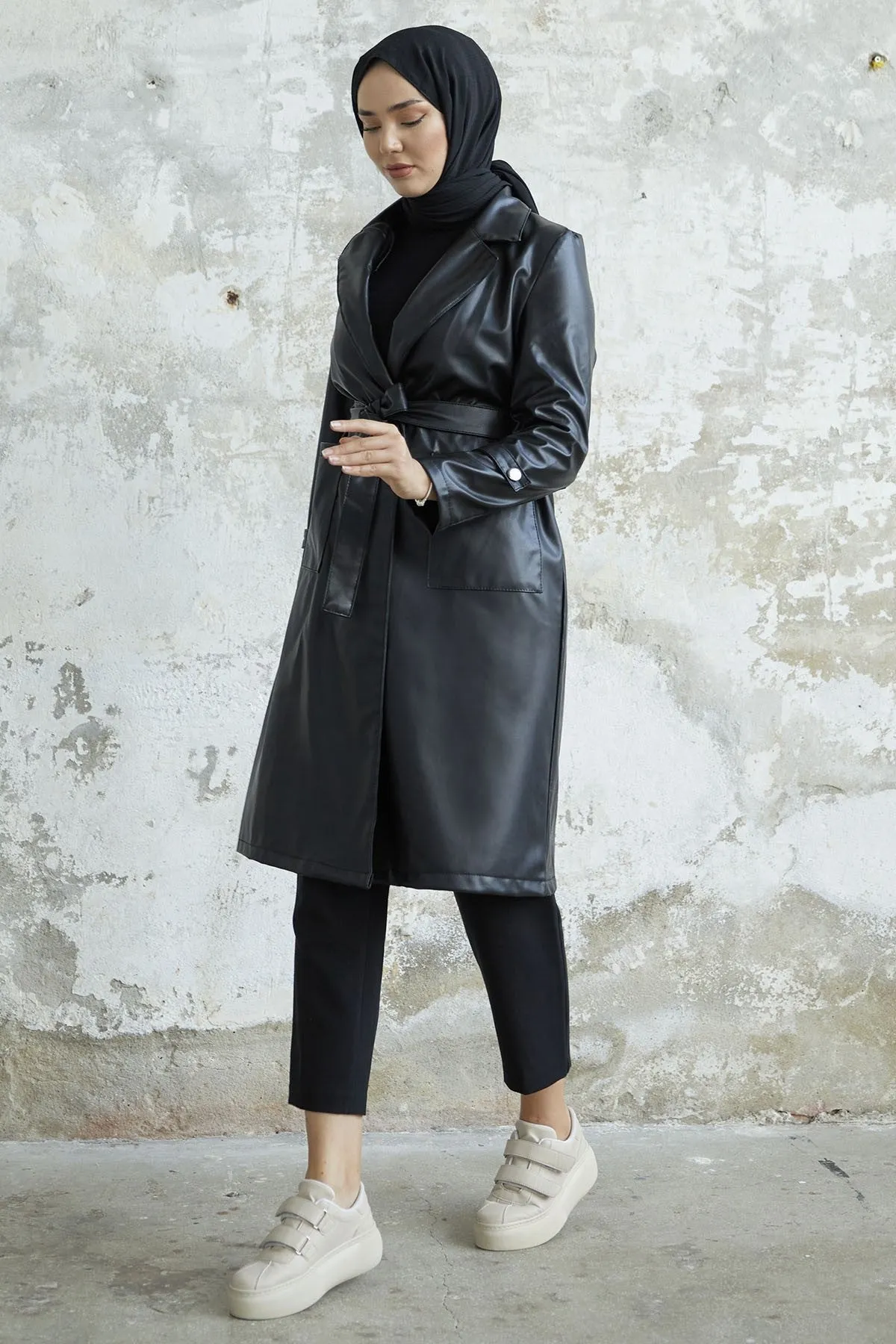 MDS Women Now V-neck Leather Trench Coat - Black - Mansfield
