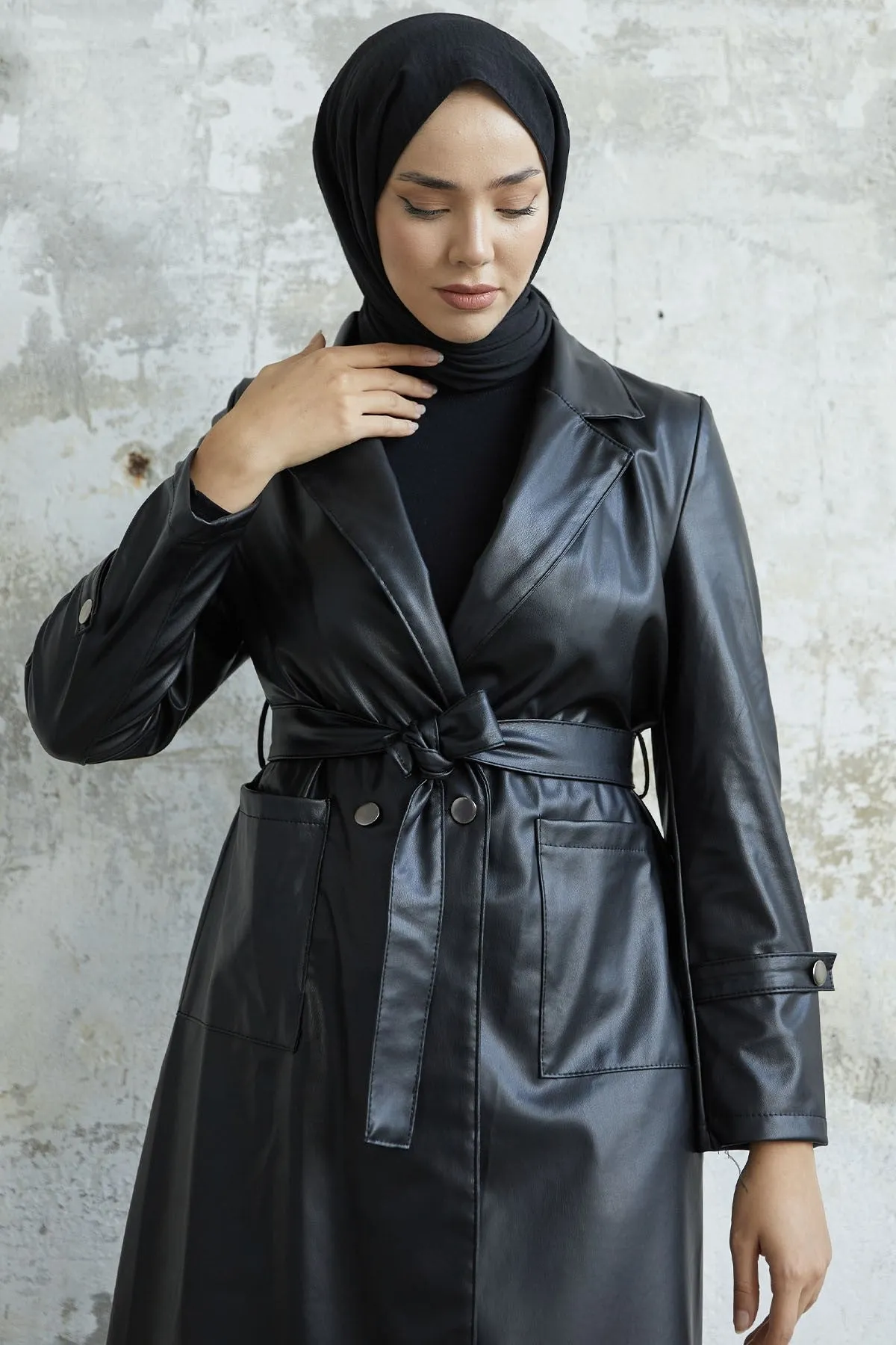 MDS Women Now V-neck Leather Trench Coat - Black - Mansfield