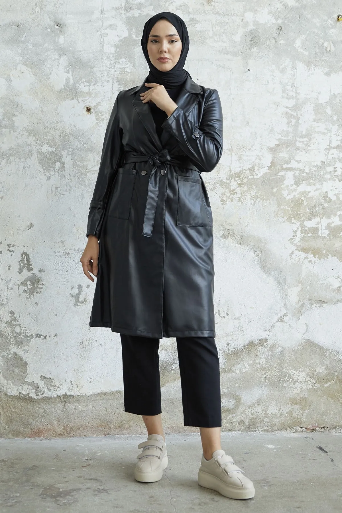MDS Women Now V-neck Leather Trench Coat - Black - Mansfield