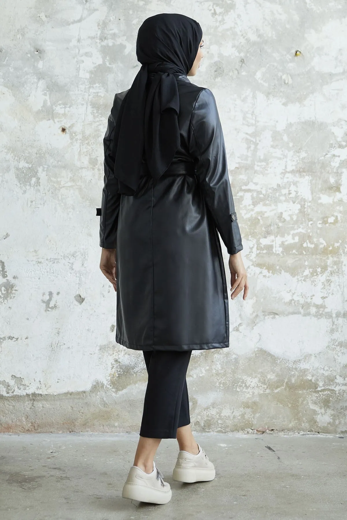 MDS Women Now V-neck Leather Trench Coat - Black - Mansfield
